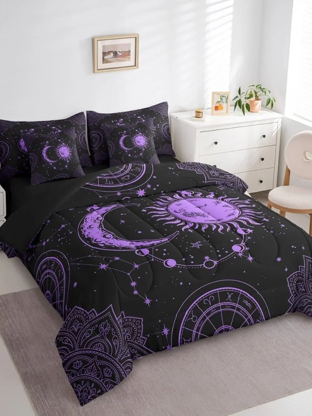 Sun and Moon 7 Piece Bedding Set, Constellation Galaxy Comforter Set Cover for K